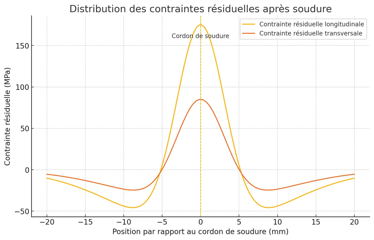 Diagramme des contraintes résiduelles dans l'acier après soudure